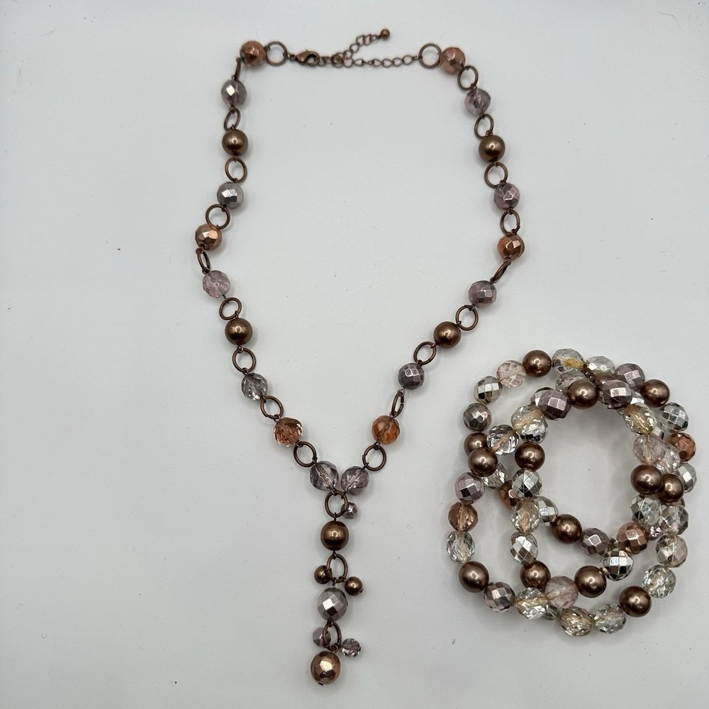 VTG Beaded Teardrop Necklace & Bracelet‎ Set Bronze Crystal Copper Tone 20"